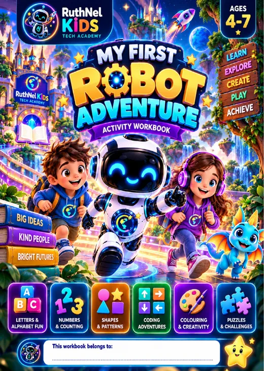 Cover of My First Robot Adventure activity workbook, ages 4–7