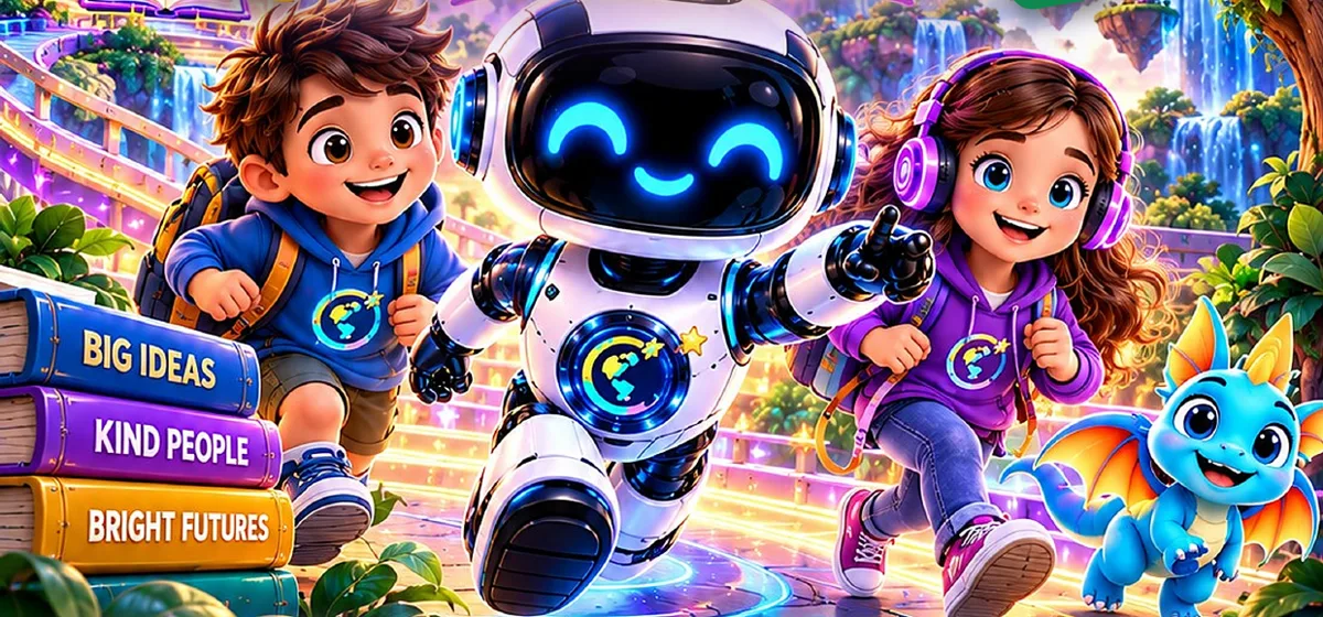 Ruthy the RuthNel Kids robot running with two young explorers and a friendly baby dragon